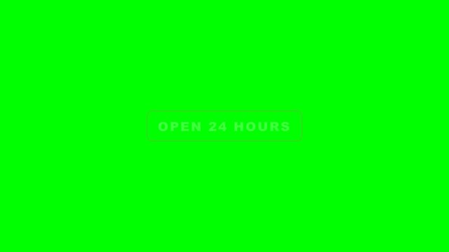 Open 24 hours text sign isolated on a bright green background.