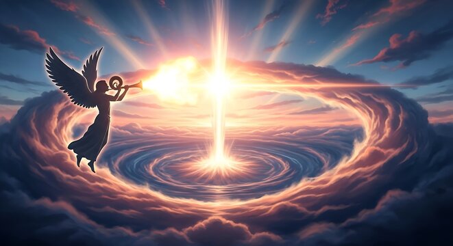Ethereal winged angel appearing in a swirling cosmic cloud formation