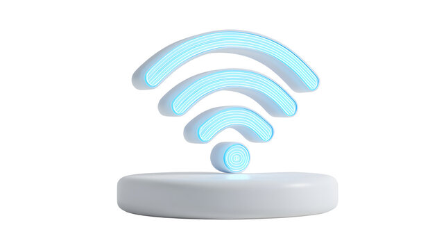 Glowing blue neon wifi signal icon floating above base