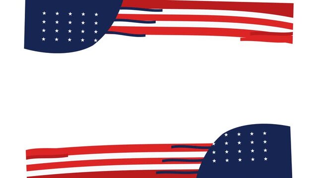 Abstract American flag design elements with red stripes and blue star corners.