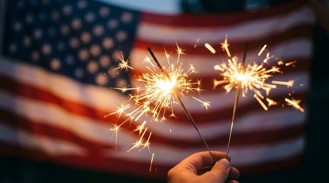 A joyful celebration of independence day with bright colorful sparklers glowing against a softly blurred american flag on a celebratory evening