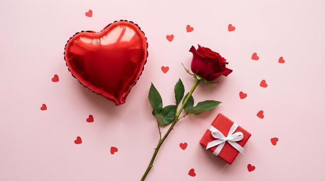 Romantic flat lay featuring a red heart a single rose and a small gift box on a pastel pink background