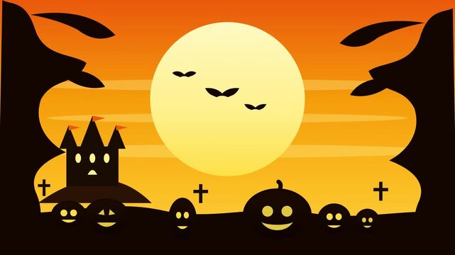 Spooky Halloween background featuring a haunted castle and pumpkins under a full moon.