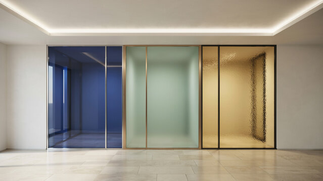 Three vertical glass room dividers in blue, frosted, and amber tones within a bright