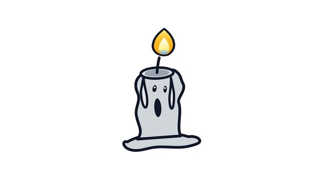 A cute cartoon illustration of a melting candle with a surprised face and a glowing flame.