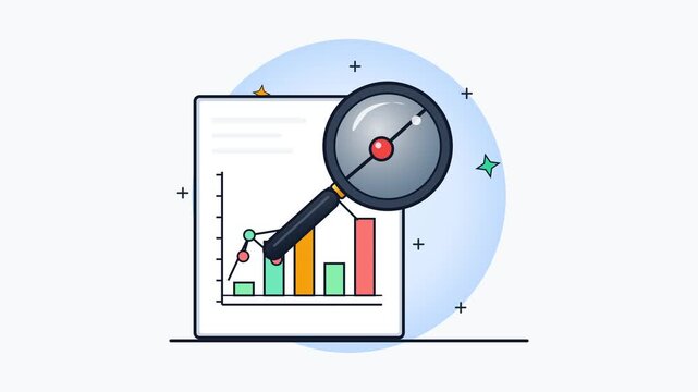 A flat vector illustration of a magnifying glass examining a business growth bar chart.