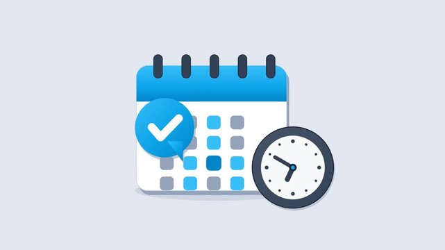Flat design icon of a calendar with a checkmark and a clock representing time management.
