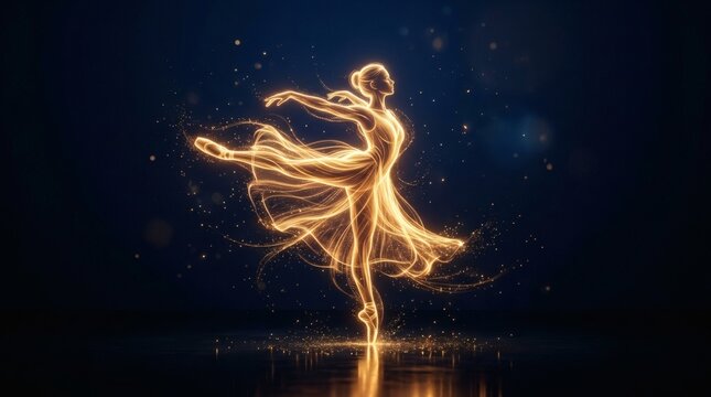 Ethereal ballerina dancing gracefully made of glowing golden light particles on dark blue background.