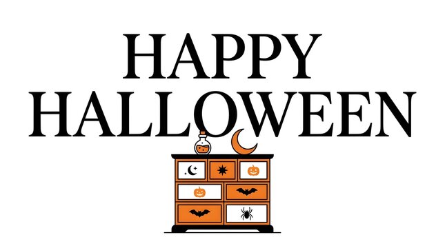 A festive and happy halloween greeting features a beautifully styled vintage dresser adorned with whimsical pumpkin and raven decorations on its surface