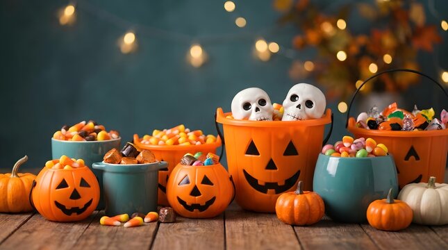 A delightful halloween still life featuring pumpkin shaped buckets overflowing with a vibrant assortment of colorful candies and twinkling string lights