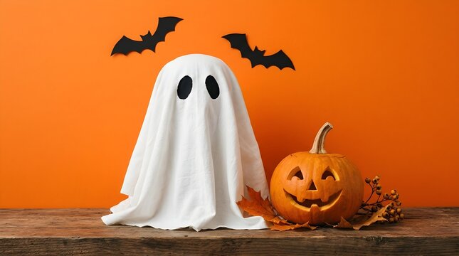A delightfully festive halloween scene features a classic white sheet ghost and a cheerfully smiling jack o lantern resting on a rustic