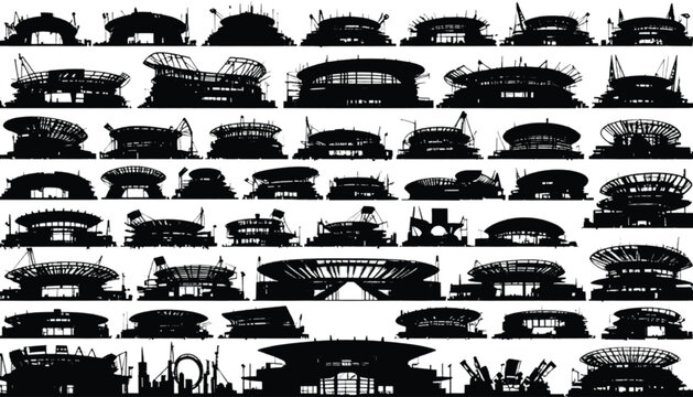 Stadium silhouettes display various sports arena designs and modern architectural structures for athletic events.