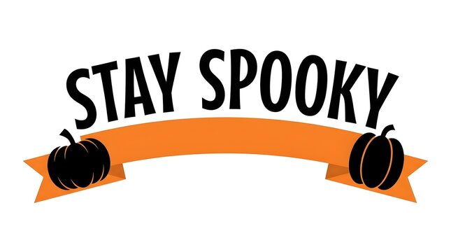 A festive halloween greeting features the phrase stay spooky beautifully displayed on a bright orange ribbon with charming pumpkin decorations surrounding it