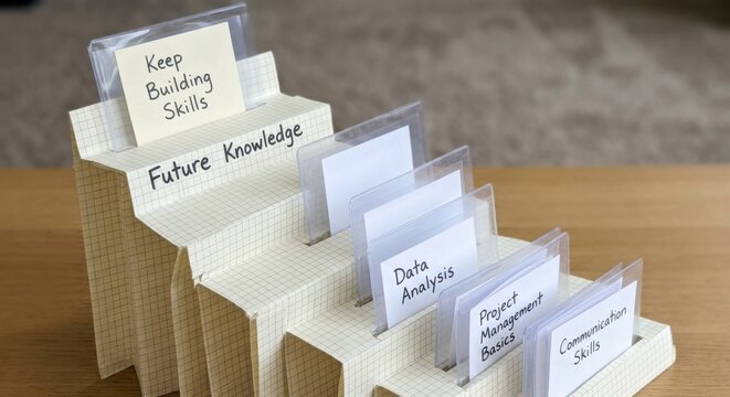 Desk organizer with files and labels for project planning and knowledge management
