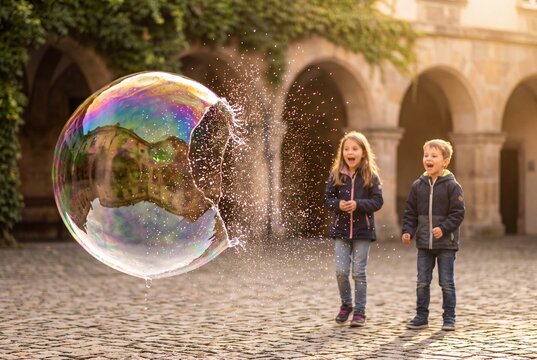 Giant soap bubble bursting mid-air with splashing droplets in front of two amazed children in a historic courtyard, capturing pure childhood wonder