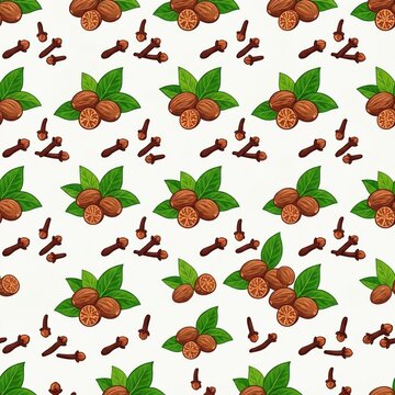 Seamless Pattern with Nutmeg Seeds and Cloves