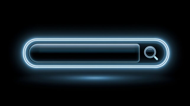 Glowing neon search bar icon emerges from darkness, representing online research, digital access, and information retrieval