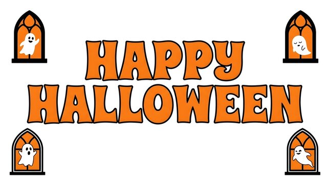 Festive and happy halloween text in vibrant orange lettering features spooky ghost illustrations within detailed gothic style windows ideal for seasonal greetings