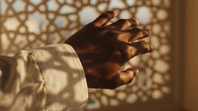Close up of a hand touching warm sunlight filtering through a geometric mashrabiya screen