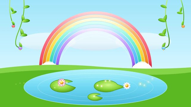 A whimsical cartoon landscape featuring a colorful rainbow over a peaceful pond with lily pads.