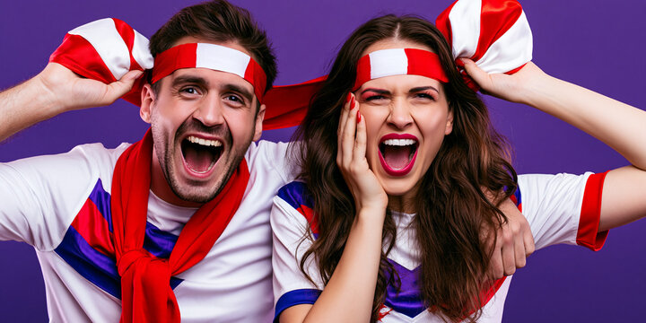 Excited couple in red and white sports attire with face paint, cheering intensely for their team with open mouths against a vibrant purple background