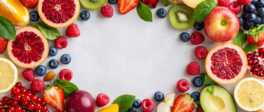 A vibrant assortment of fresh fruits and berries arranged in a circular frame, with a light gray background suggesting a clean and healthy theme. The fruits include strawberries, blueberries.