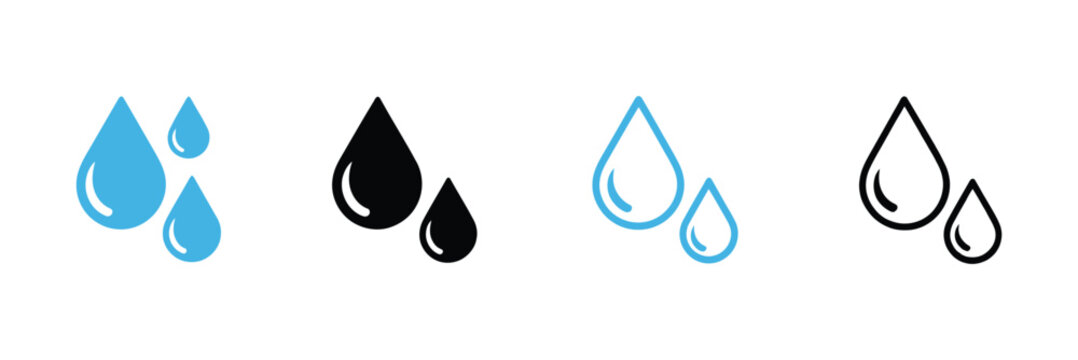 Water drops icon set, liquid droplet symbols representing hydration, rainfall, moisture, freshness, cleanliness, nature, and water resources.