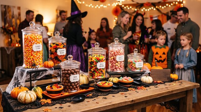 Halloween candy buffet table with glass jars filled with various sweets, pumpkins, and decorations at a festive party with people in the background