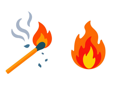 Burning matchstick with orange flame and smoke, bright campfire fire icon set, flat vector illustration of ignition and heat elements