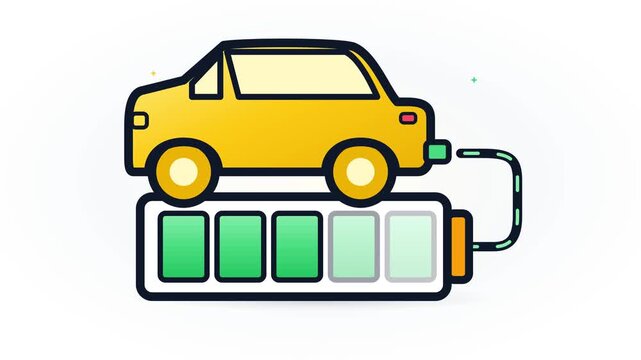 A flat vector illustration of an electric car charging on a battery icon.