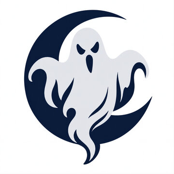 A vector mascot logo of a spooky floating ghost with an angry facial expression set against a dark blue crescent moon background, isolated on a white background.