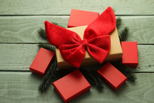 red gift box with ribbon. Card. Happy day. Christmas time. Box. Gift. Present. 