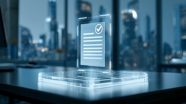 Holographic document displaying a checkmark rests upon a sleek surface, showing success and modern business concept