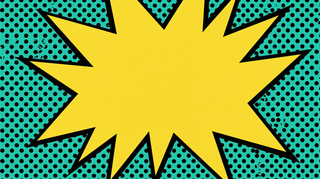 A yellow starburst explosion with a black outline on a turquoise background with black dots, creating a comic book style