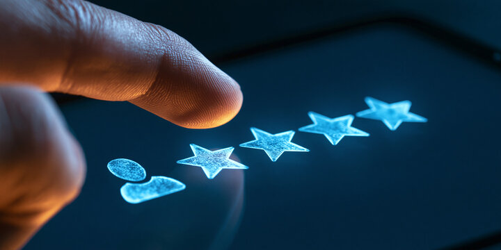 A close-up view of a finger selecting a five-star rating on a digital screen, representing customer satisfaction and feedback in a modern interface.