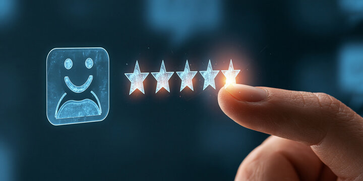 A person's finger touching the last star of a five-star rating, next to a smiley face icon, indicating excellent satisfaction and positive feedback