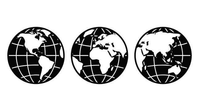 Vector illustration of three globes showing different continents of the world on a transparent background