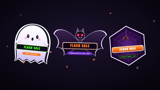 Set of three Halloween themed flash sale badges with ghost bat and spider web designs.