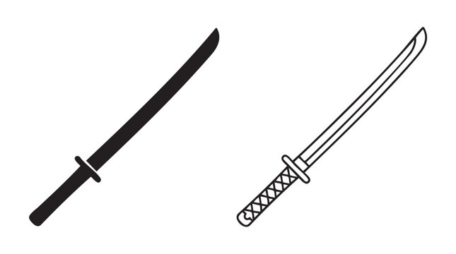 samurai katana sword silhouette with line art vector icon
