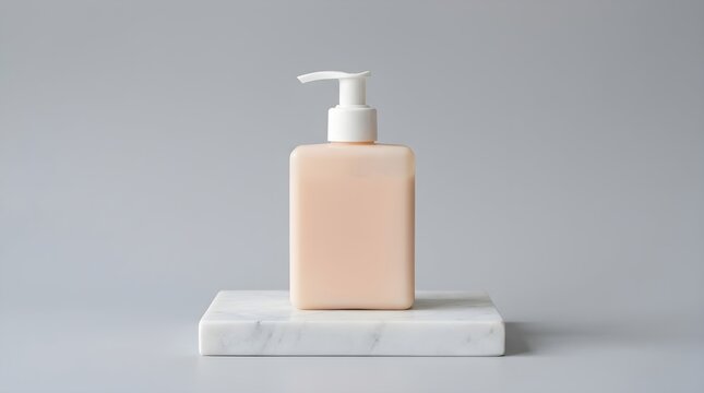 A sophisticated beige lotion bottle with a convenient pump dispenser is carefully placed on a neatly folded white towel against a soft
