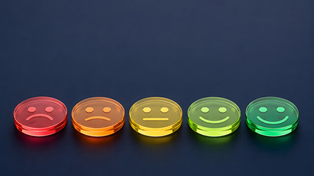 Customer satisfaction rating scale with five glowing smiley buttons progresses from unhappy red to happy green for feedback evaluation.