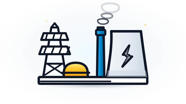 A simple flat vector icon representing a power plant facility with transmission tower and smoke.