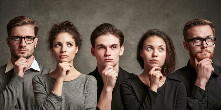 Five diverse individuals are depicted in a line, each with a pensive expression and their chin resting on their hand, suggesting deep thought and contemplation