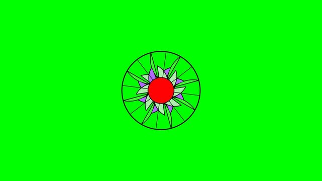 Abstract circular geometric pattern with a red center on a bright green background.