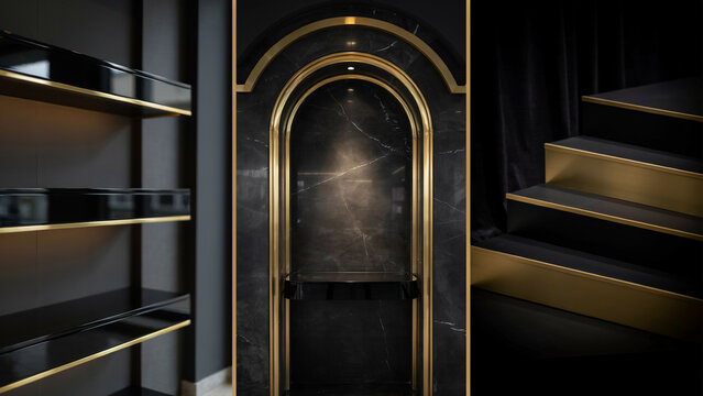 Three vertical sections of a interior with black marble arches and gold accents