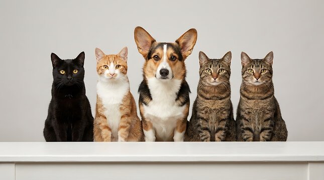 A cute corgi dog sitting flanked by four different domestic cats lined up on a white surface against studio backdrop