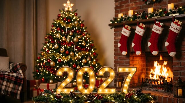 A festive new year is celebrated with a beautifully decorated christmas tree and a warm cozy fireplace creating a delightful holiday mood