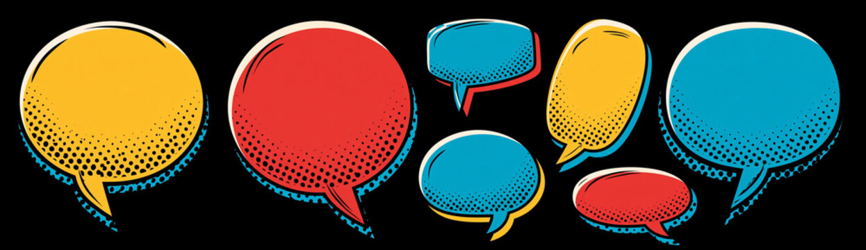 A collection of colorful speech bubbles in various shapes and sizes, set against a dark background. The bubbles have a comic book style with hatching details and bold outlines