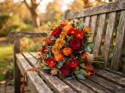 Autumn wedding bouquet on wooden bench, fall floral arrangement photograph