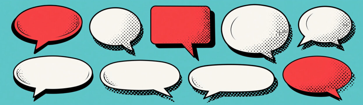 A collection of diverse speech bubbles in red and white, set against a vibrant turquoise background, inviting conversation and expression